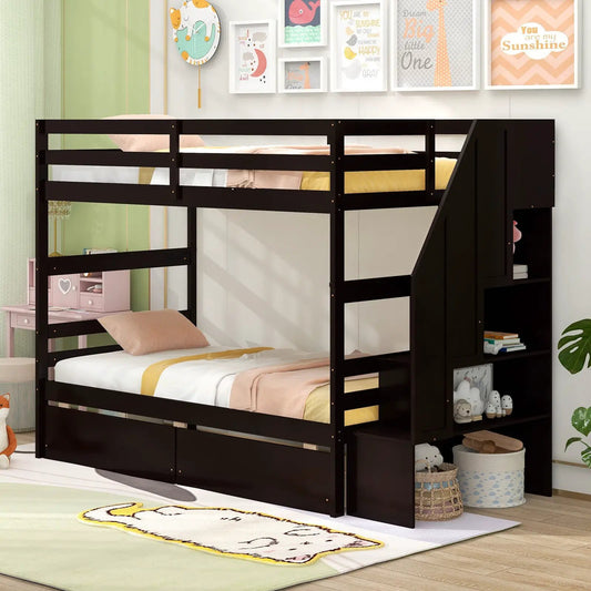 Twin over twin bunk bed in black with built-in storage stairs and drawers DirectDeals on Tampa Home & Garden Store