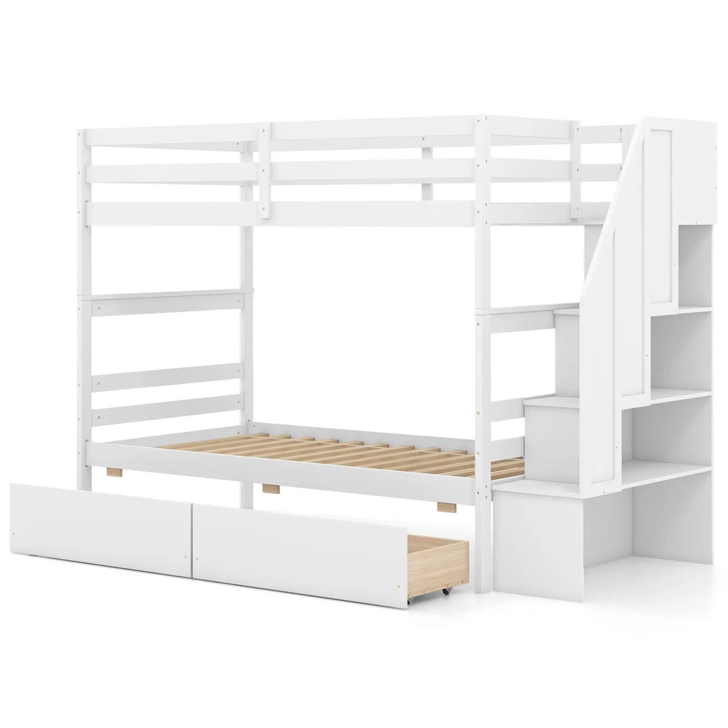 Twin Over Twin Bunk Bed with Storage Stairs and Drawers-Coffee - Tampa Home & Garden Store