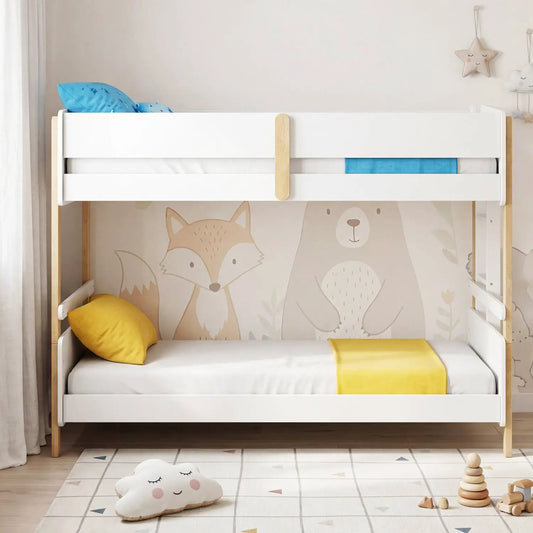 Twin Over Twin bunk bed DirectDeals white frame with wood accents and ladder, blue bedding on Tampa Home & Garden Store