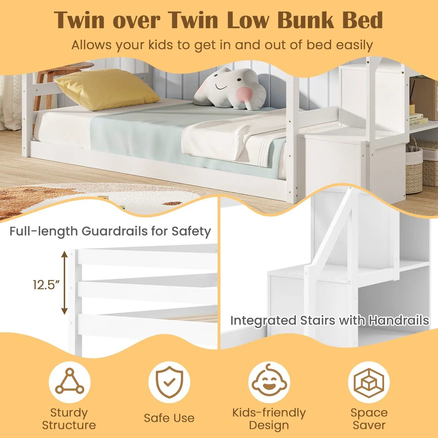 White twin-over-twin low bunk bed with storage stairs, sturdy frame on Tampa Home & Garden Store