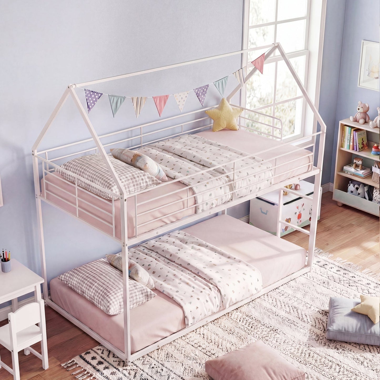 GemGear 9.5x9.5 ft white pop up canopy tent over bunk bed with bunting on Tampa Home & Garden Store