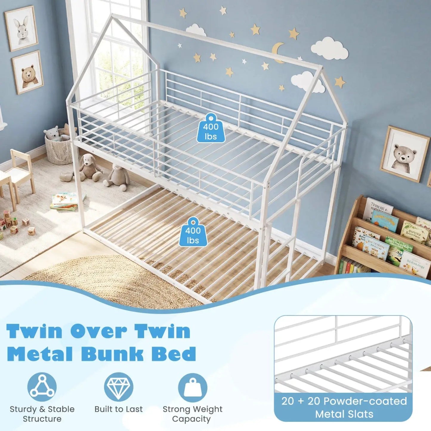 Twin over twin metal bunk bed with roof and ladder white powder-coated finish on Tampa Home & Garden Store