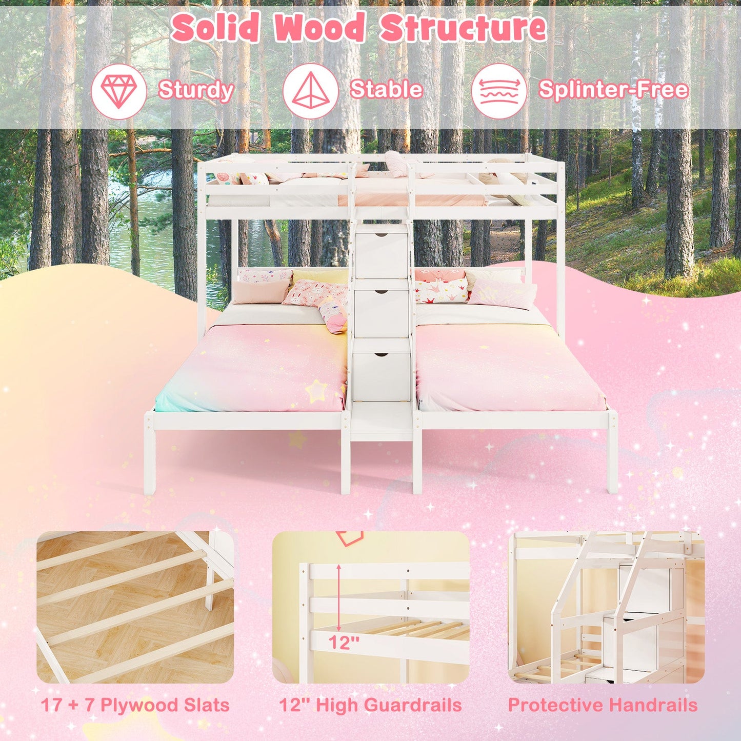 Twin Over Twin and Twin Bunk Bed with Storage Staircase and Guardrail for 3 Kids Teens