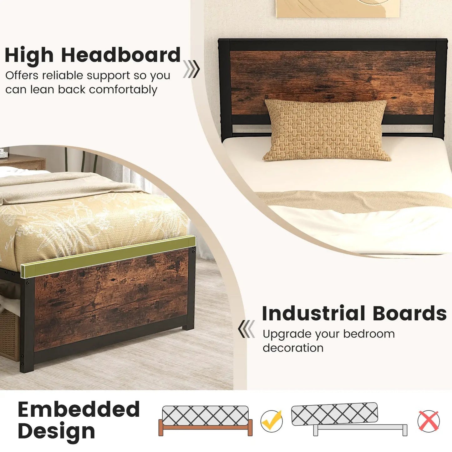 Twin Size Bed Frame Metal with High Headboard and Mute Bars-Twin Size - Tampa Home & Garden Store