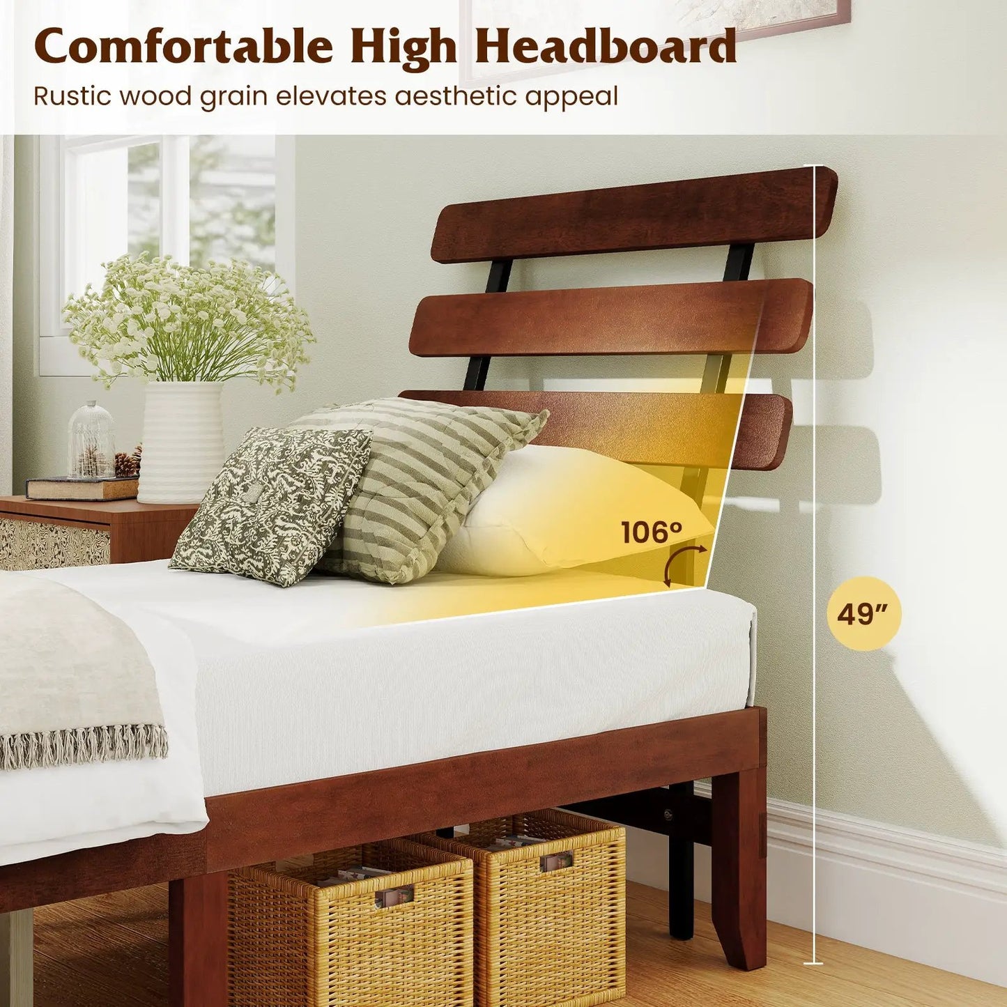 Full Size Wood Platform Bed with Retro Headboard in dark wood finish, two under-bed baskets on Tampa Home & Garden Store