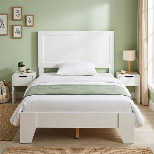 Twin platform bed frame with headboard, white, no box spring, DirectDeals, two nightstands on Tampa Home & Garden Store