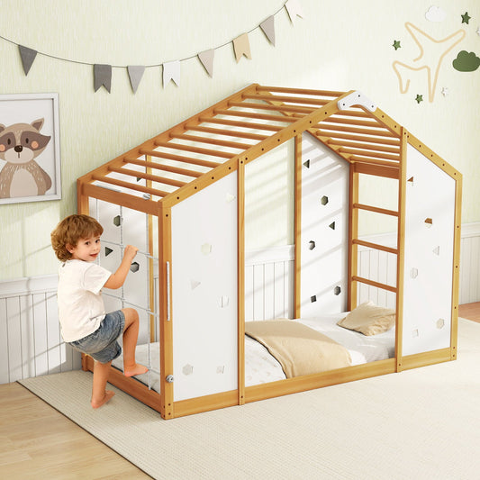 Twin Size Climbing Bed 2-in-1 Montessori Floor Bed with Monkey Bars-Natural and White - Tampa Home & Garden Store