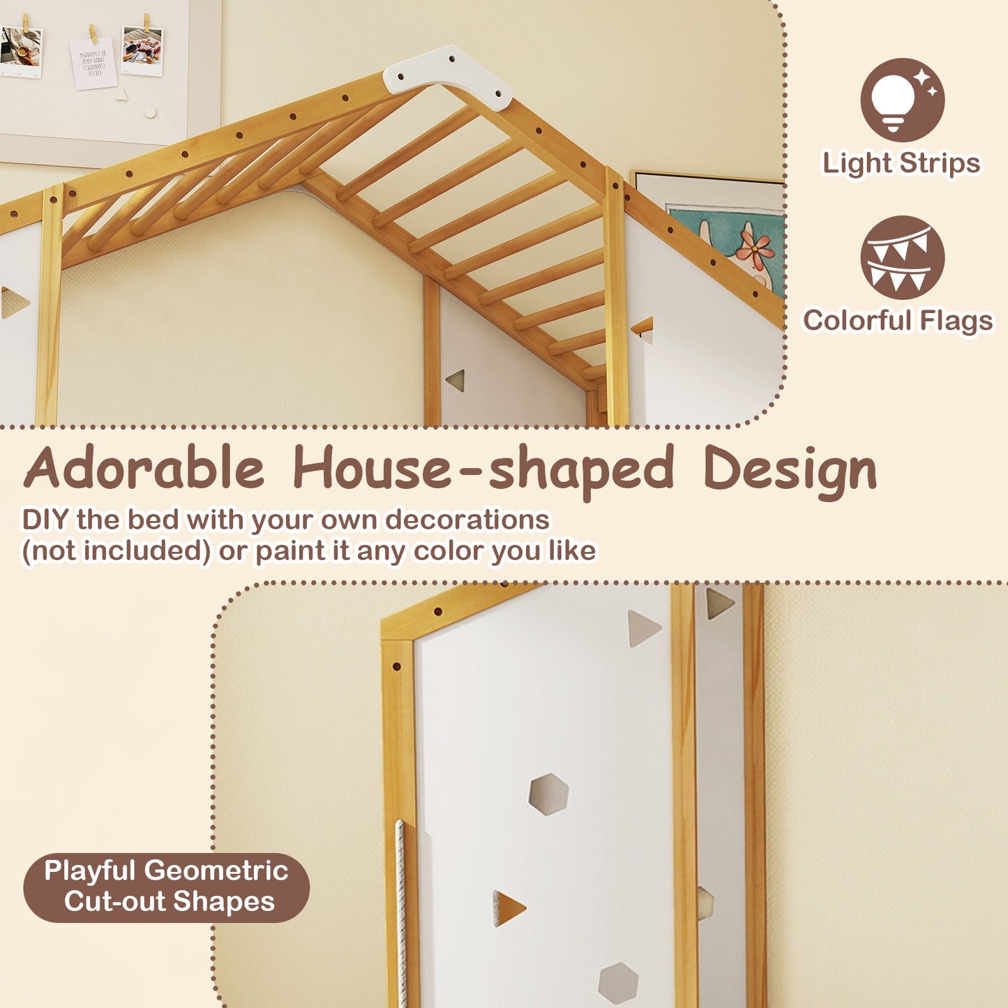Twin Size Climbing Bed 2-in-1 Montessori Floor Bed with Monkey Bars-Natural and White