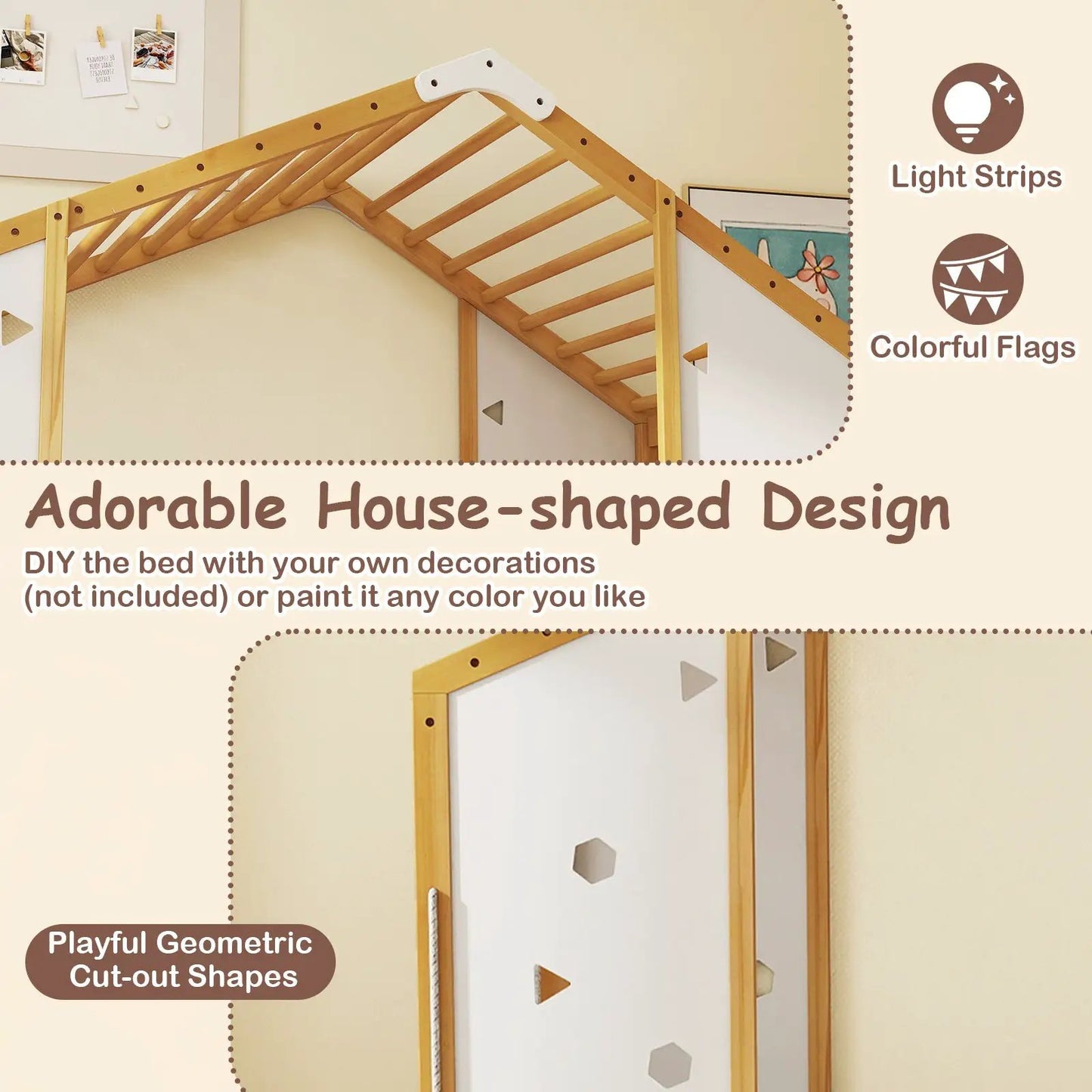 Twin Size Climbing Bed with Monkey Bars 2-in-1 natural wood frame with white panels on Tampa Home & Garden Store