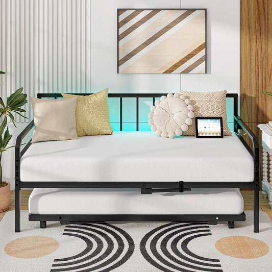 Adjustable Metal Twin Size Daybed with Charging Station and LED Light-Black - Tampa Home & Garden Store