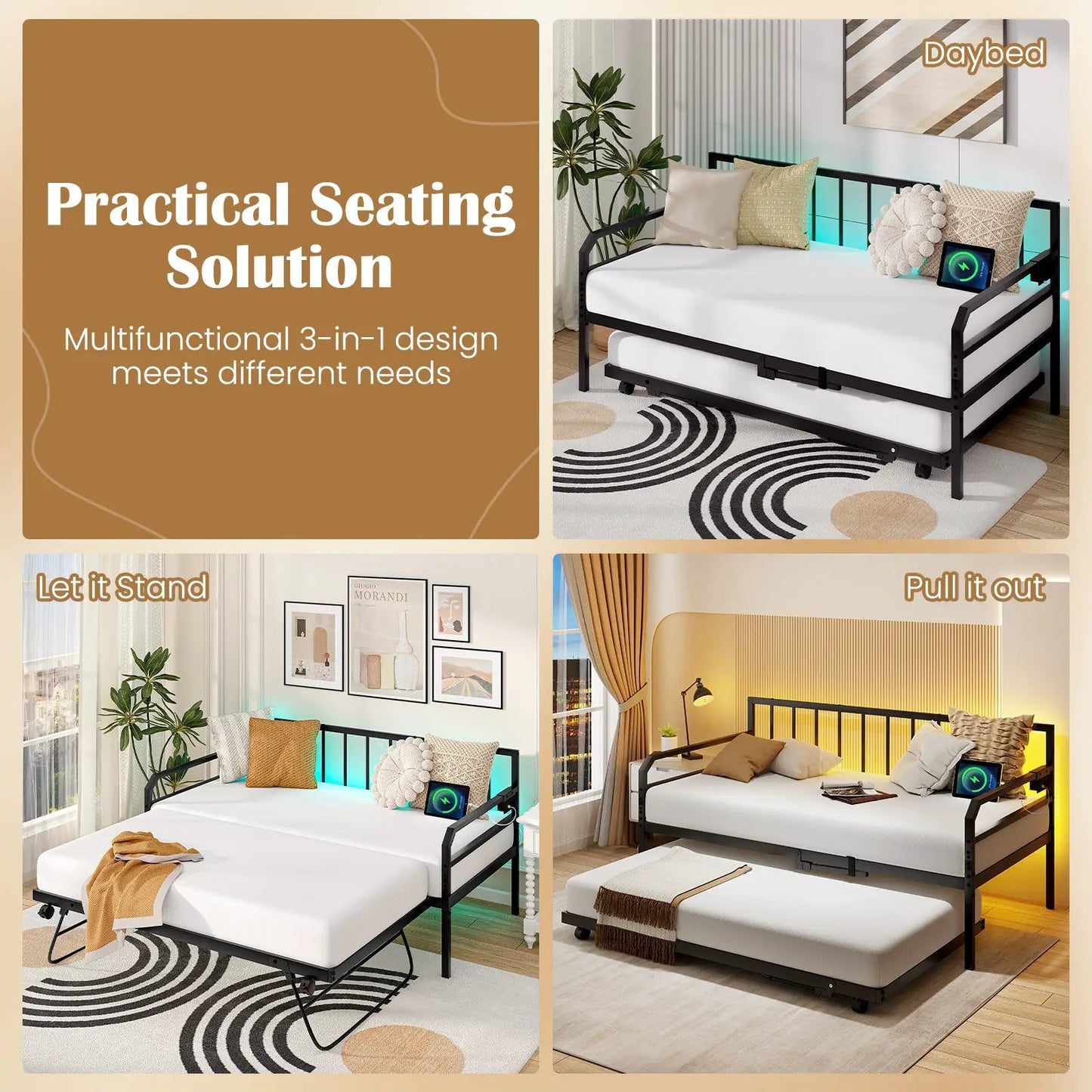 Adjustable Metal Twin Size Daybed with Charging Station and LED Light-Black - Tampa Home & Garden Store
