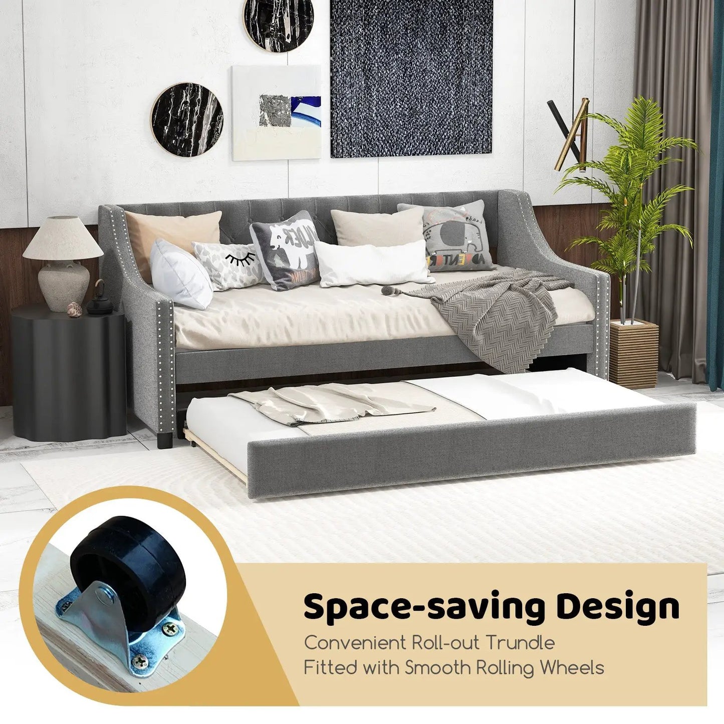 Twin Size Daybed with Trundle Sofa Bed with Curved Armrests and Backrest-Gray - Tampa Home & Garden Store