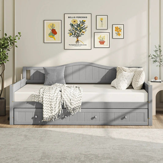 Twin daybed with trundle and slats on wheels, gray frame with three drawers underneath on Tampa Home & Garden Store