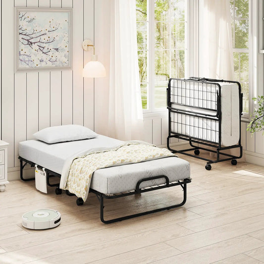 Twin folding bed with black metal frame and 5 inch mattress plus free pillow in bright bedroom on Tampa Home & Garden Store