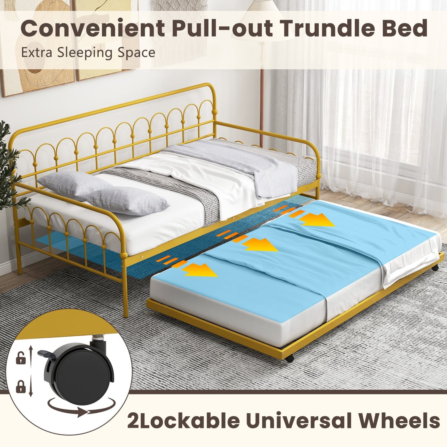 Twin Size Golden Metal Daybed with Trundle and Lockable Wheels by DirectDeals on Tampa Home & Garden Store