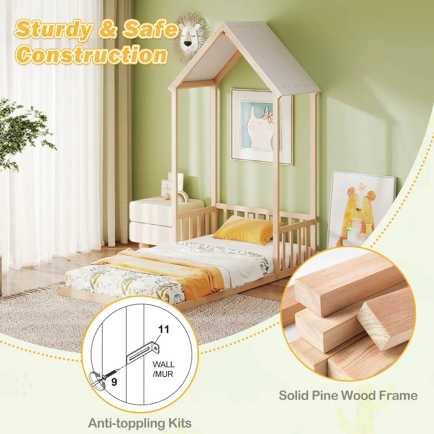 Twin Size House Bed with Roof and Semi-Fence in solid pine wood frame DirectDeals on Tampa Home & Garden Store