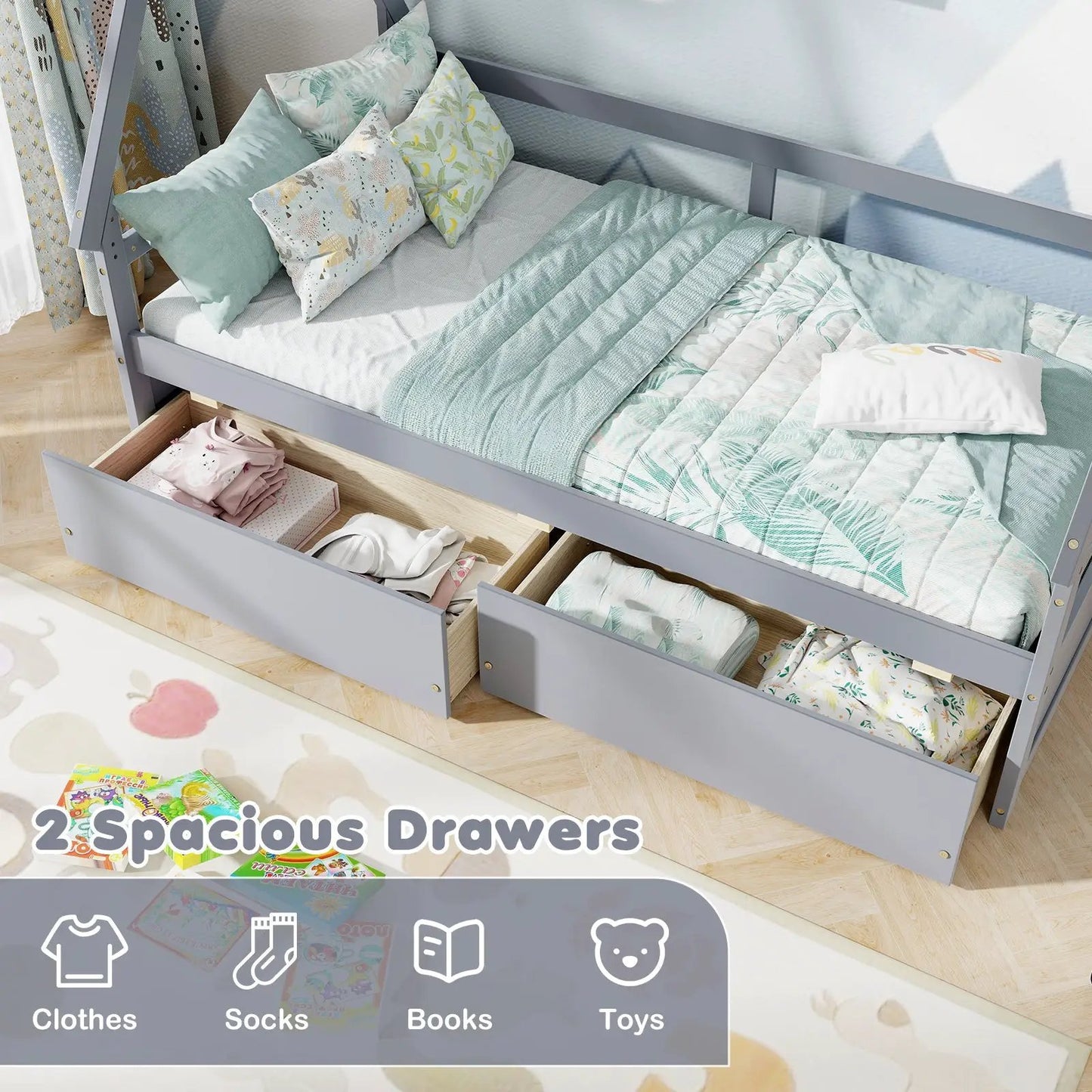 Twin size house bed with roof and guardrail in gray frame, teal bedding, with underbed drawers on Tampa Home & Garden Store