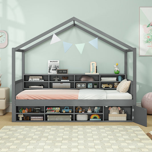 Twin Size House Bed with Roof with 14 Storage Cubes and Enclosed Cabinet-Gray - Tampa Home & Garden Store