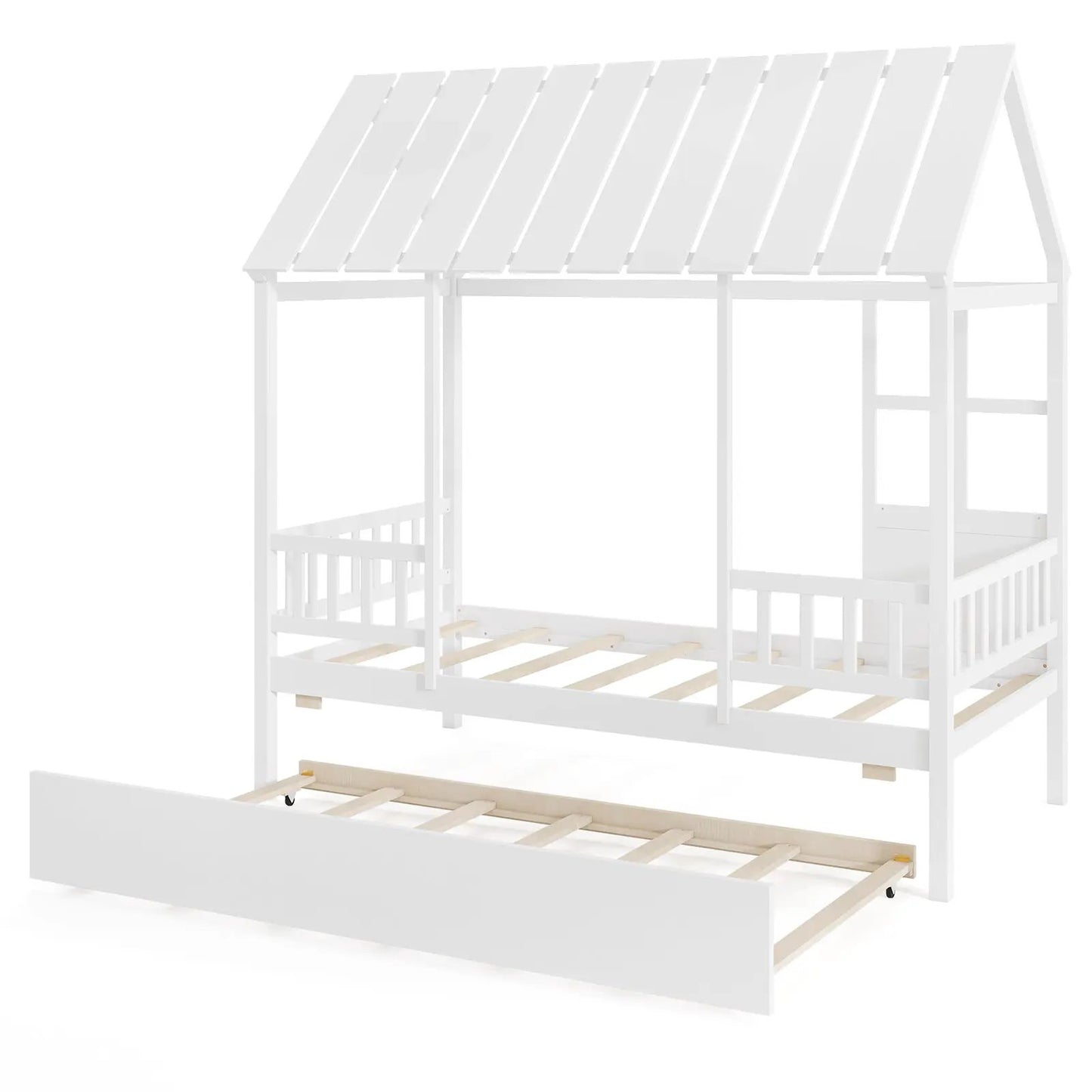 Twin Size House Bed with Roof Window and Trundle in white kids bed frame on Tampa Home & Garden Store