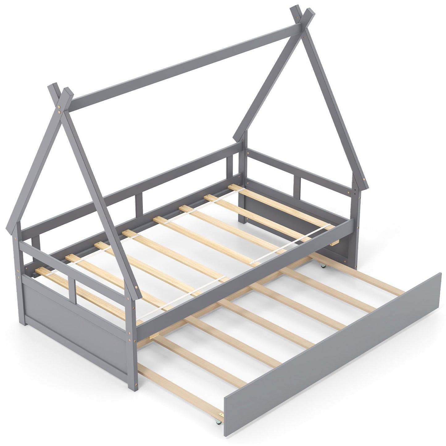 Twin Size House Bed with Trundle and Safety Guardrail-White - Tampa Home & Garden Store