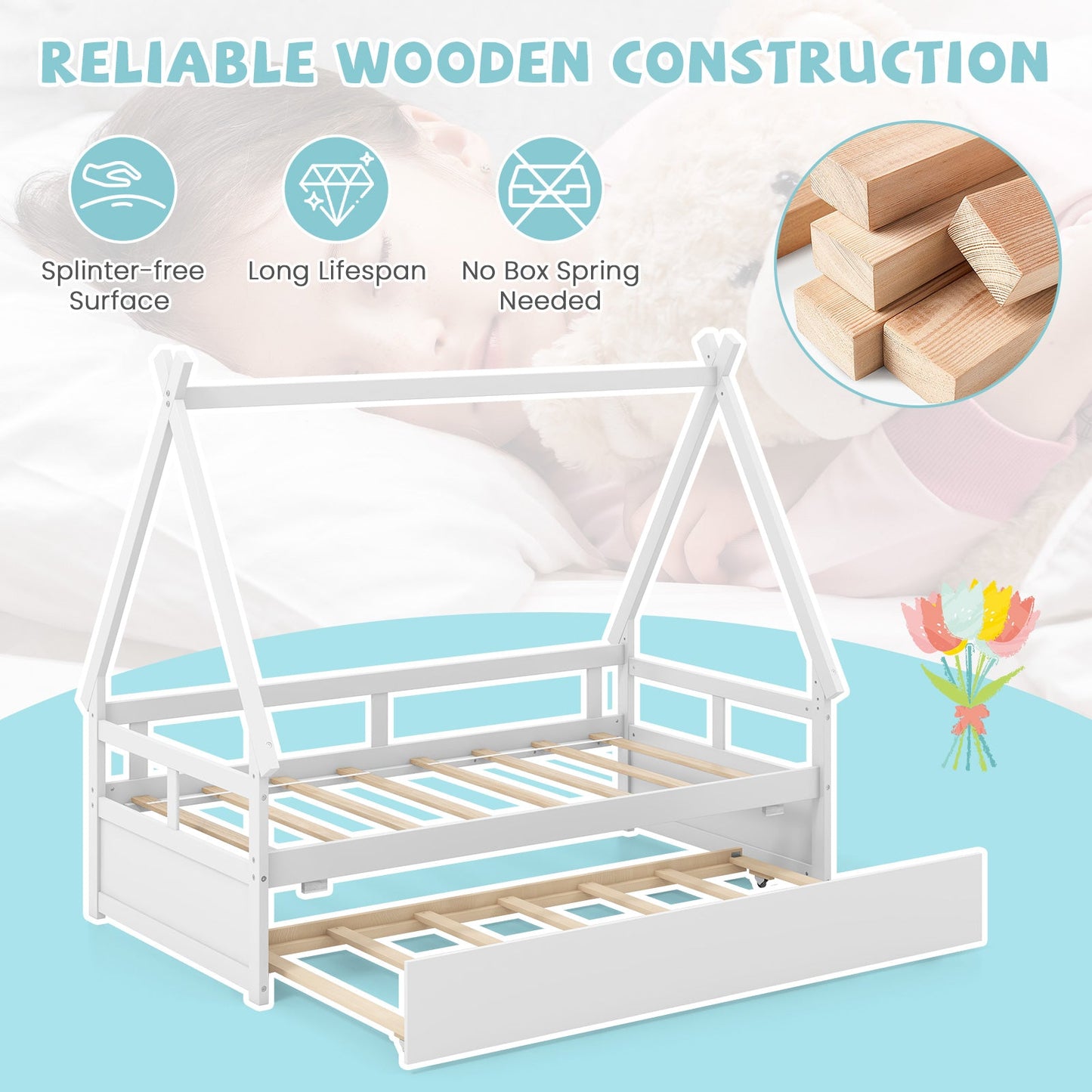 Cama Casa Individual con Nido y Barandilla de Seguridad-Blanco