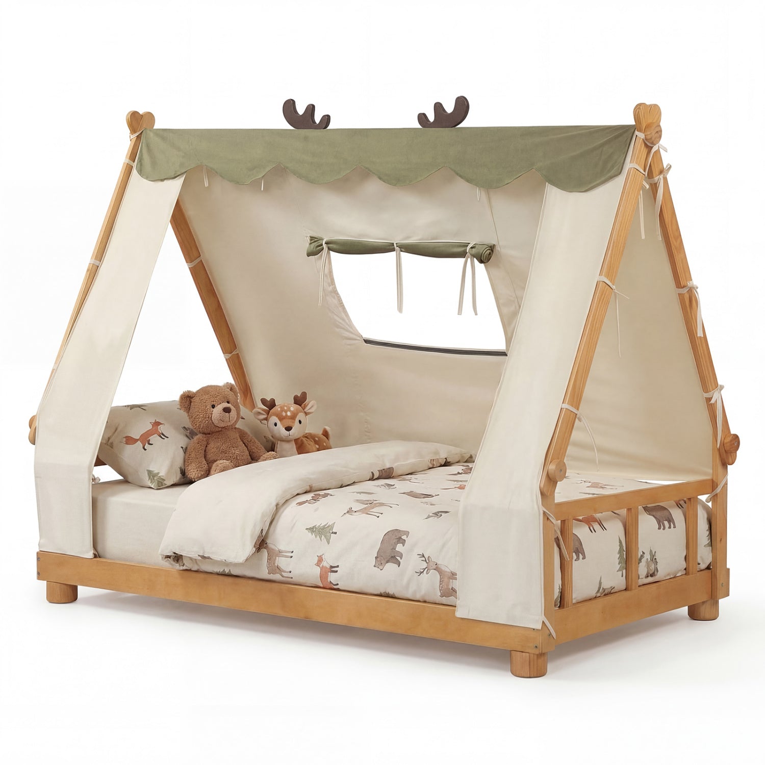 Twin Size House Floor Bed With Tent Canopy Antler Frame