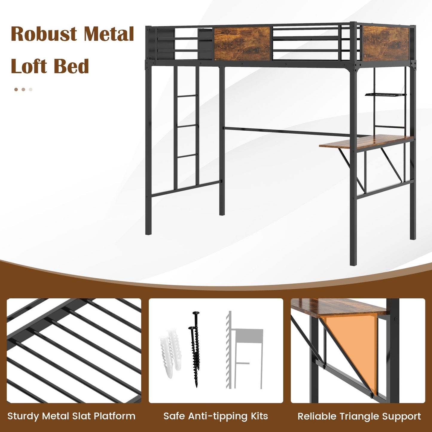 Cama alta individual industrial de metal con escritorio, estante de almacenamiento y escalera integrada - Tamaño individual