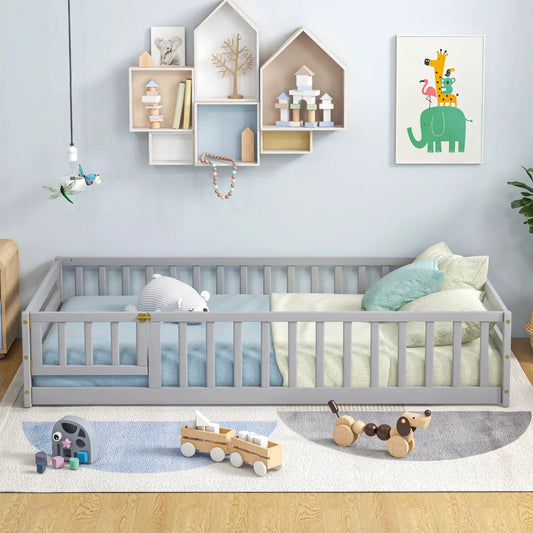 Twin size kids Montessori floor bed with door in gray wood finish toddler bed DirectDeals on Tampa Home & Garden Store