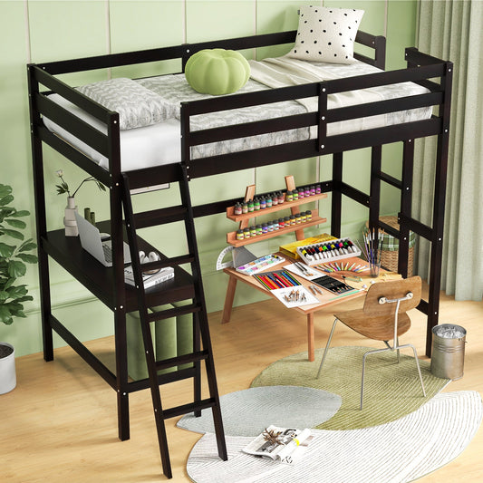 Twin Size Loft Bed Frame with Desk Angled and Built-in Ladder-Espresso - Tampa Home & Garden Store
