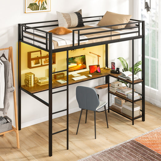 Twin Size Loft Bed Raised Platform Bed with Desk and 2 Storage Shelves-Black - Tampa Home & Garden Store