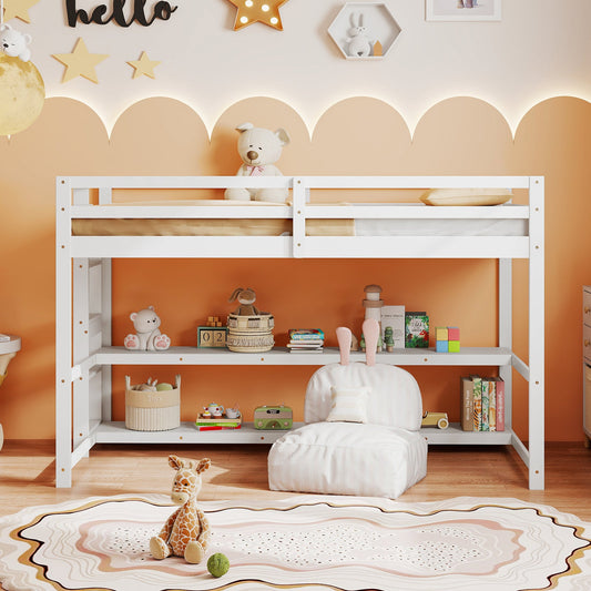 Twin Size Loft Bed with Storage Shelves Full-length Guardrails and Ladder-White - Tampa Home & Garden Store