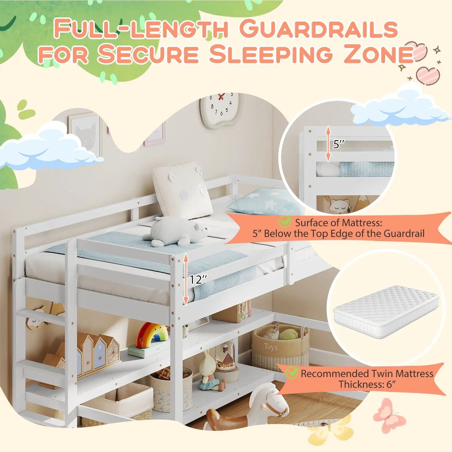 Twin Size Loft Bed with Storage Shelves Full-length Guardrails and Ladder-White - Tampa Home & Garden Store