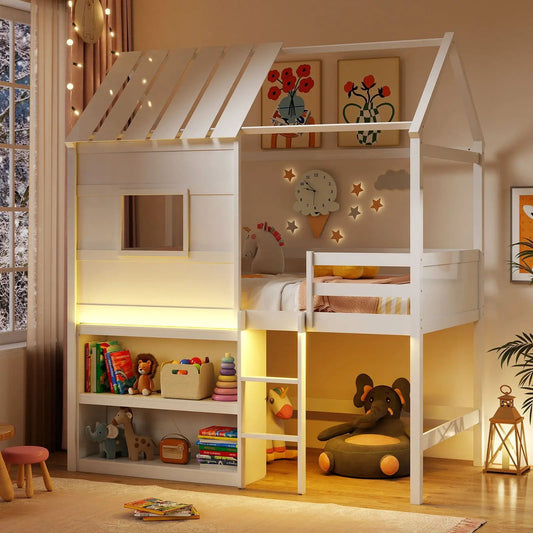 Twin Loft Bed with LED lights and roof window white wood frame DirectDeals storage shelf on Tampa Home & Garden Store