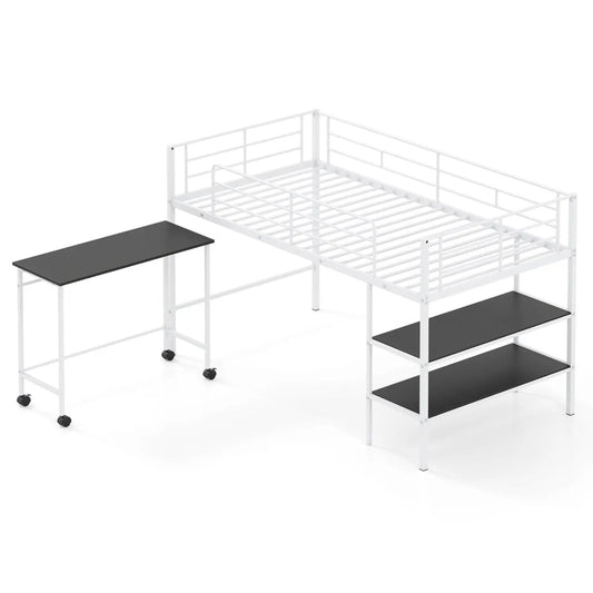 Twin Loft Bed With Rolling Desk and Bookshelf