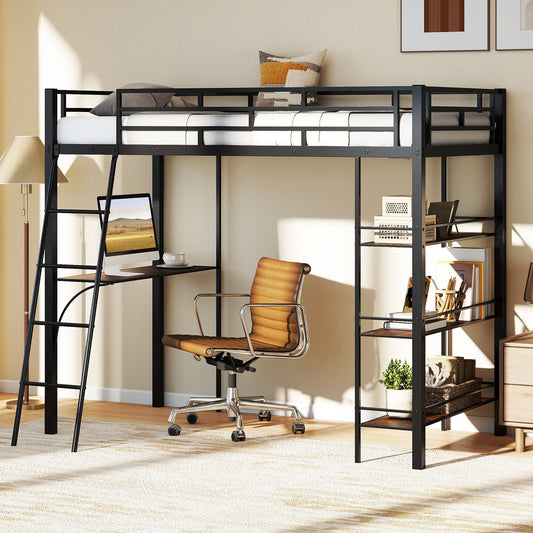 Twin Size Loft Bed with Desk and Shelves for Kids and Home-Black - Tampa Home & Garden Store