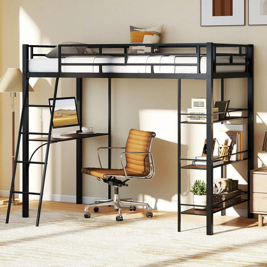 Twin size loft bed with desk and shelves in black metal frame on Tampa Home & Garden Store