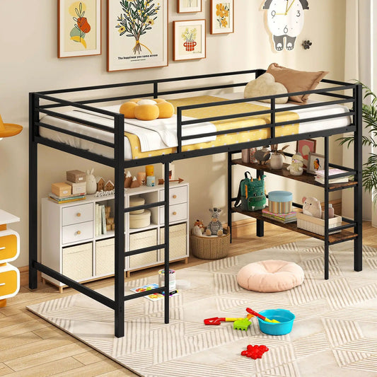 Twin Size Low Loft Bed with ladder and shelves in black metal frame on Tampa Home & Garden Store