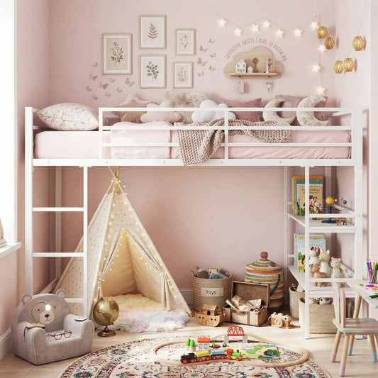 Twin low loft bed with storage shelves and ladder, white metal frame, DirectDeals on Tampa Home & Garden Store