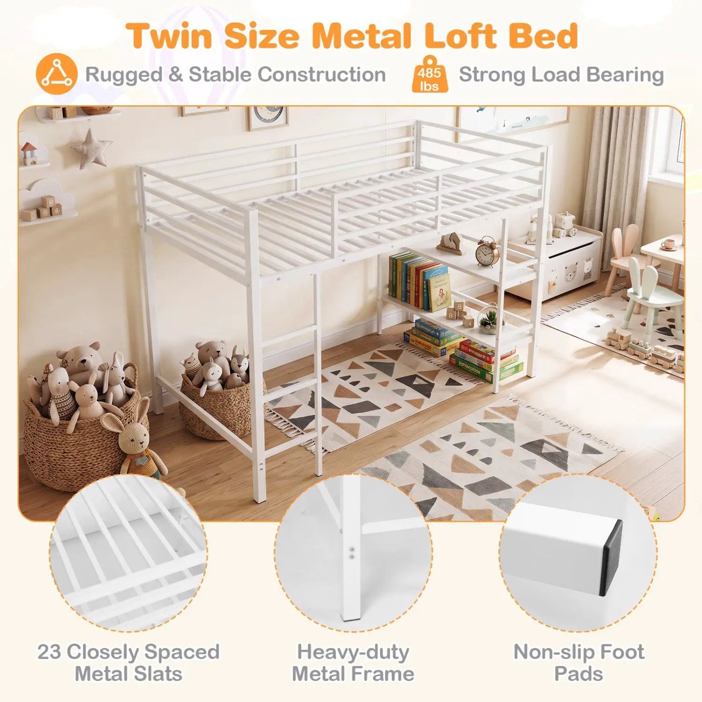 Twin Low Loft Bed With Storage Shelves and Ladder