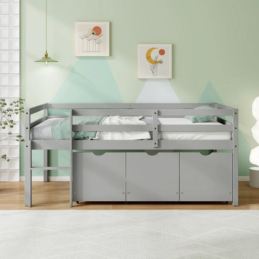 Twin size low loft bed with 3 drawers, ladder, and gray metal frame for organized storage on Tampa Home & Garden Store