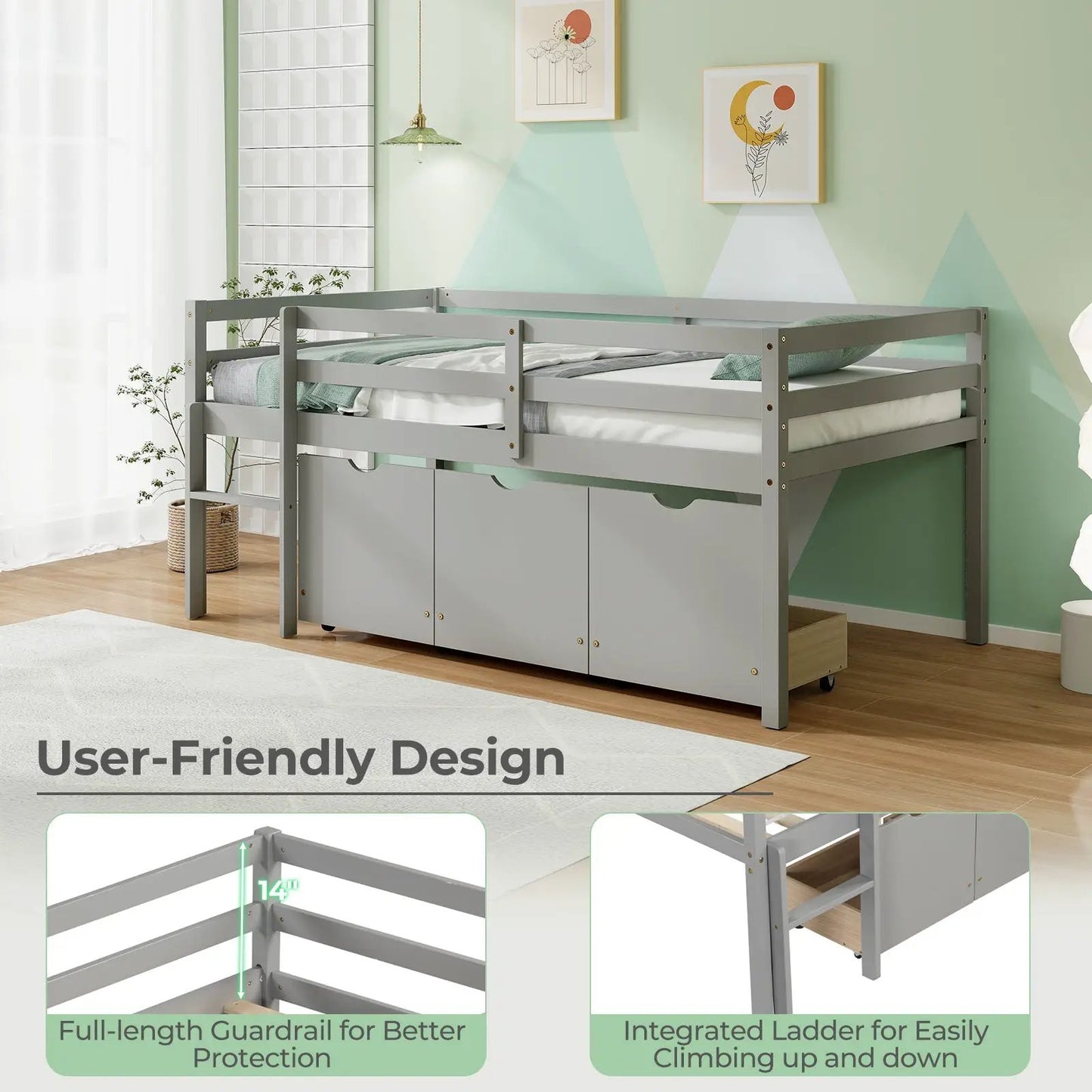Twin Size Low Loft Bed with 3 Drawers with Ladder and Full-length Guardrails-Gray - Tampa Home & Garden Store