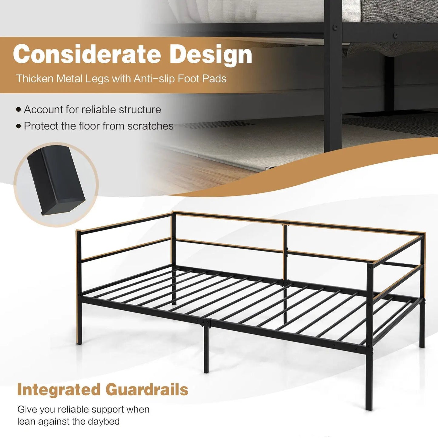 Twin Size Metal Daybed Frame with integrated guardrails, black metal frame DirectDeals on Tampa Home & Garden Store