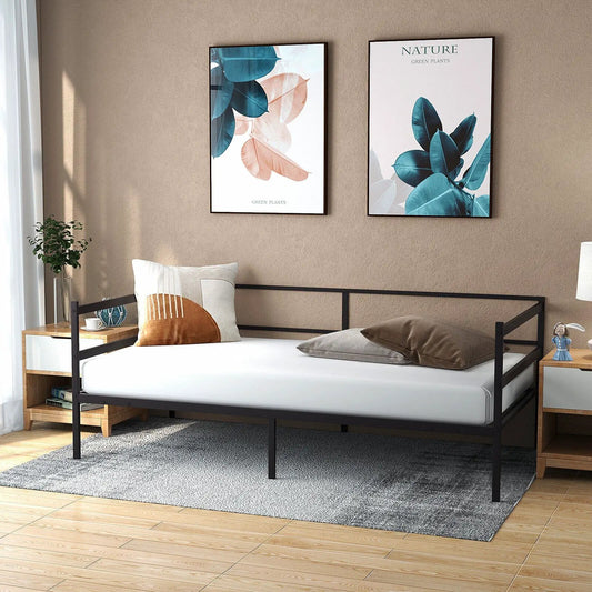 Twin size metal daybed frame by DirectDeals, black metal with wood shelf accents, white mattress on Tampa Home & Garden Store