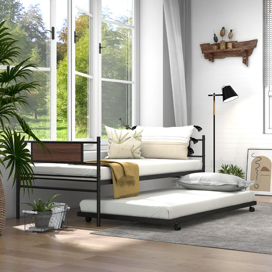 Twin Size Metal Daybed with Trundle and Wood Grain Headboard - Tampa Home & Garden Store
