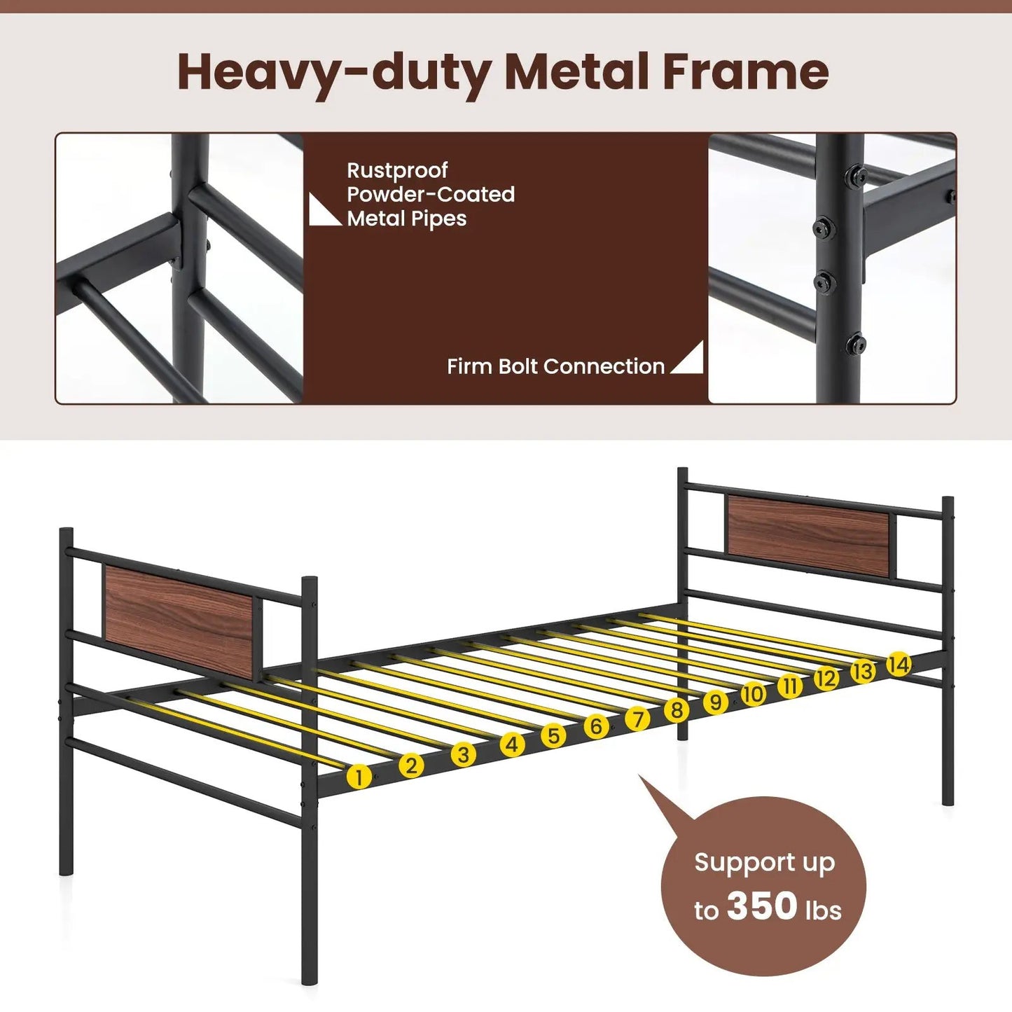 Twin size metal daybed with trundle and wood-grain headboard, black powder-coated frame on Tampa Home & Garden Store