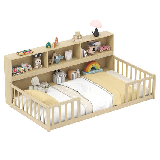 Twin Size Montessori Floor Bed with Bookcase-Gray - Tampa Home & Garden Store