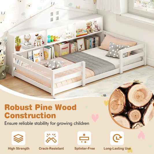 Twin Size Montessori Floor Bed With Storage DirectDeals white pine wood with built-in shelves and cubby storage on Tampa Home & Garden Store