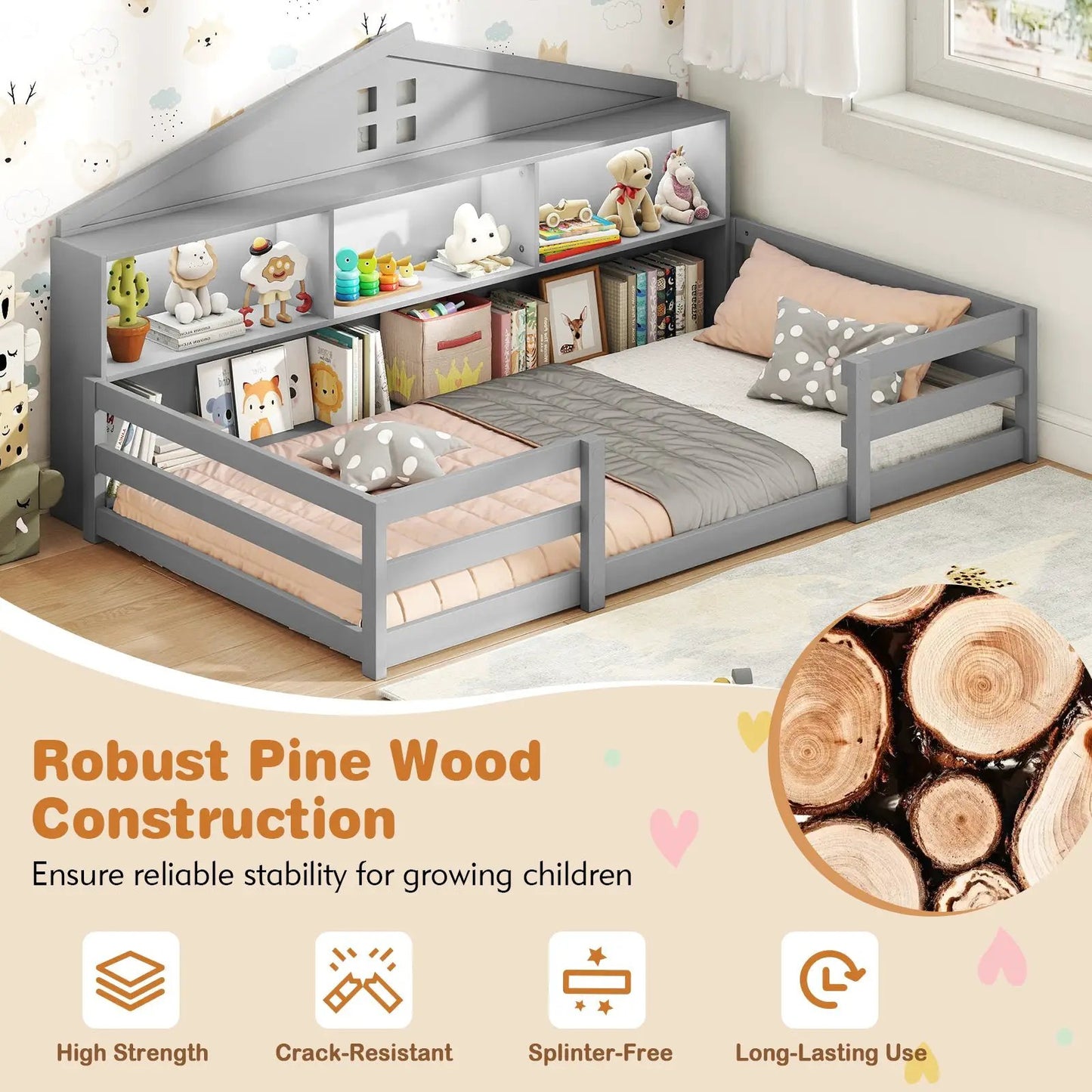 Twin Size Montessori Floor Bed with Storage in gray pine and built-in shelves on Tampa Home & Garden Store