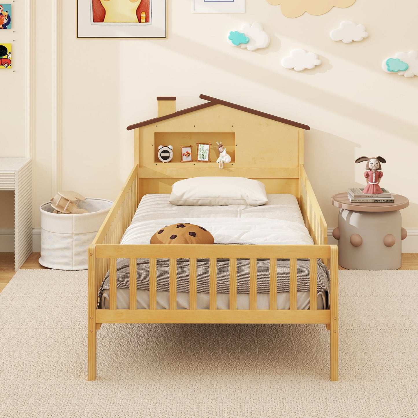 Cama Montessori para Niños Tamaño Twin con Cabecero en Forma de Casa y Estante de Almacenamiento Incorporado - Natural