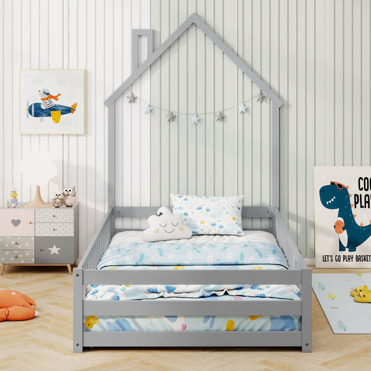 Twin Size Montessori Floor Bed with Lockable Door and Full-Length Guardrail - Tampa Home & Garden Store